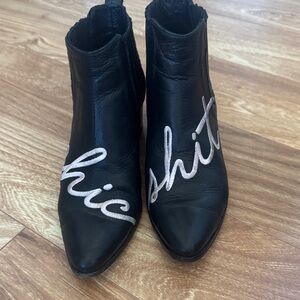 Modern Vice Black Leather Booties with light pink Chic Shit embroidery. 7.5